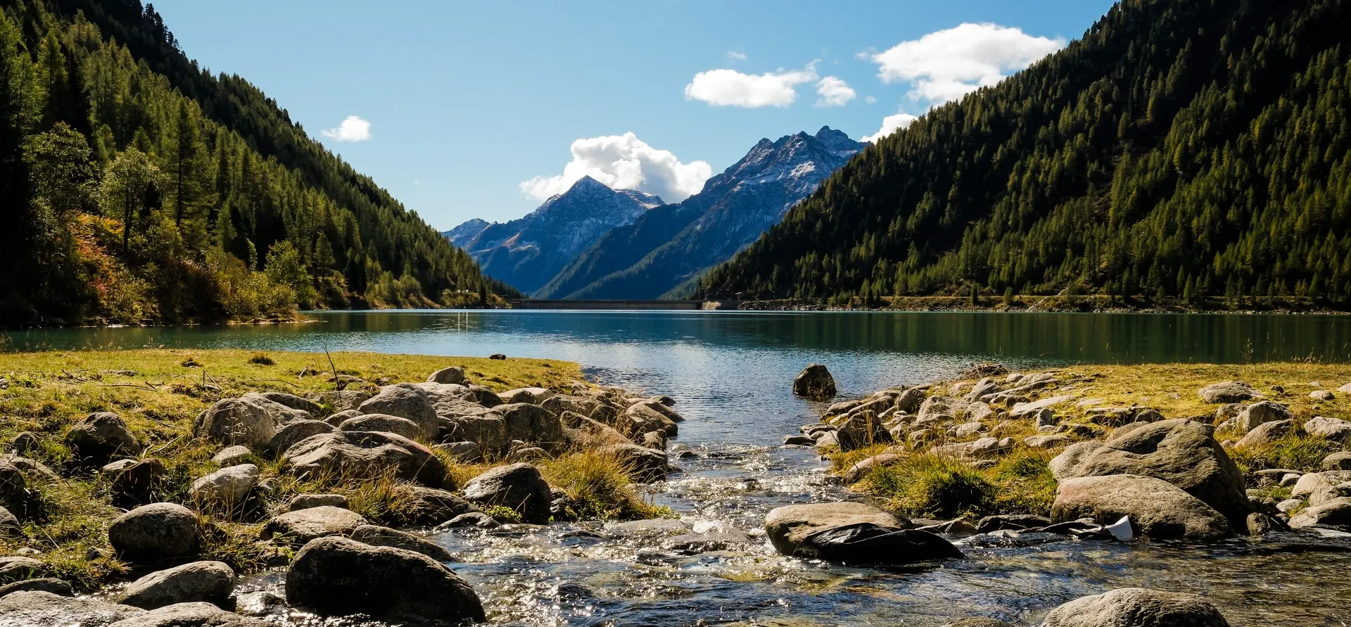 Bergsee zwischen bewaldeten Hängen mit Gipfeln im Hintergrund